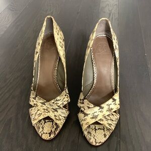 Tory Burch All Leather Snakeskin Peep Toe Pumps